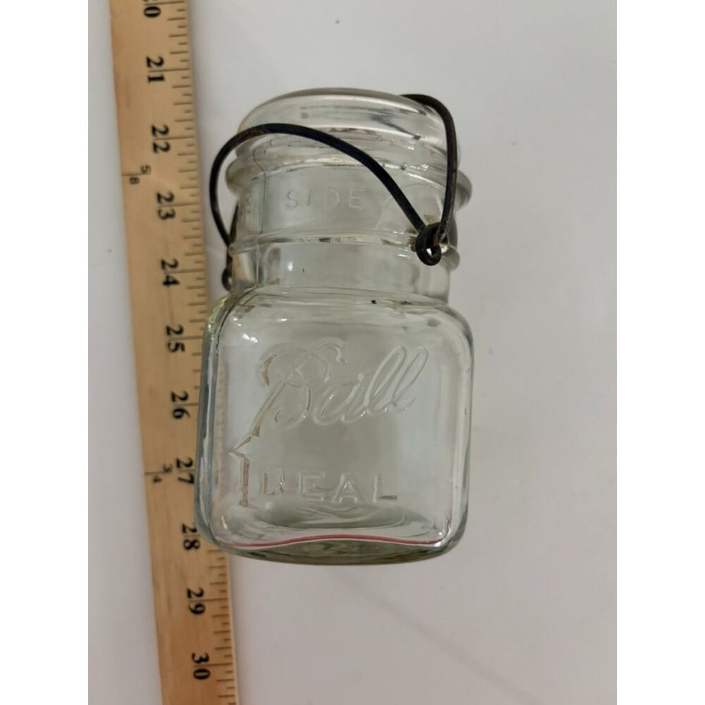 vtg ball ideal pint canning jar with glass lid and wire bail